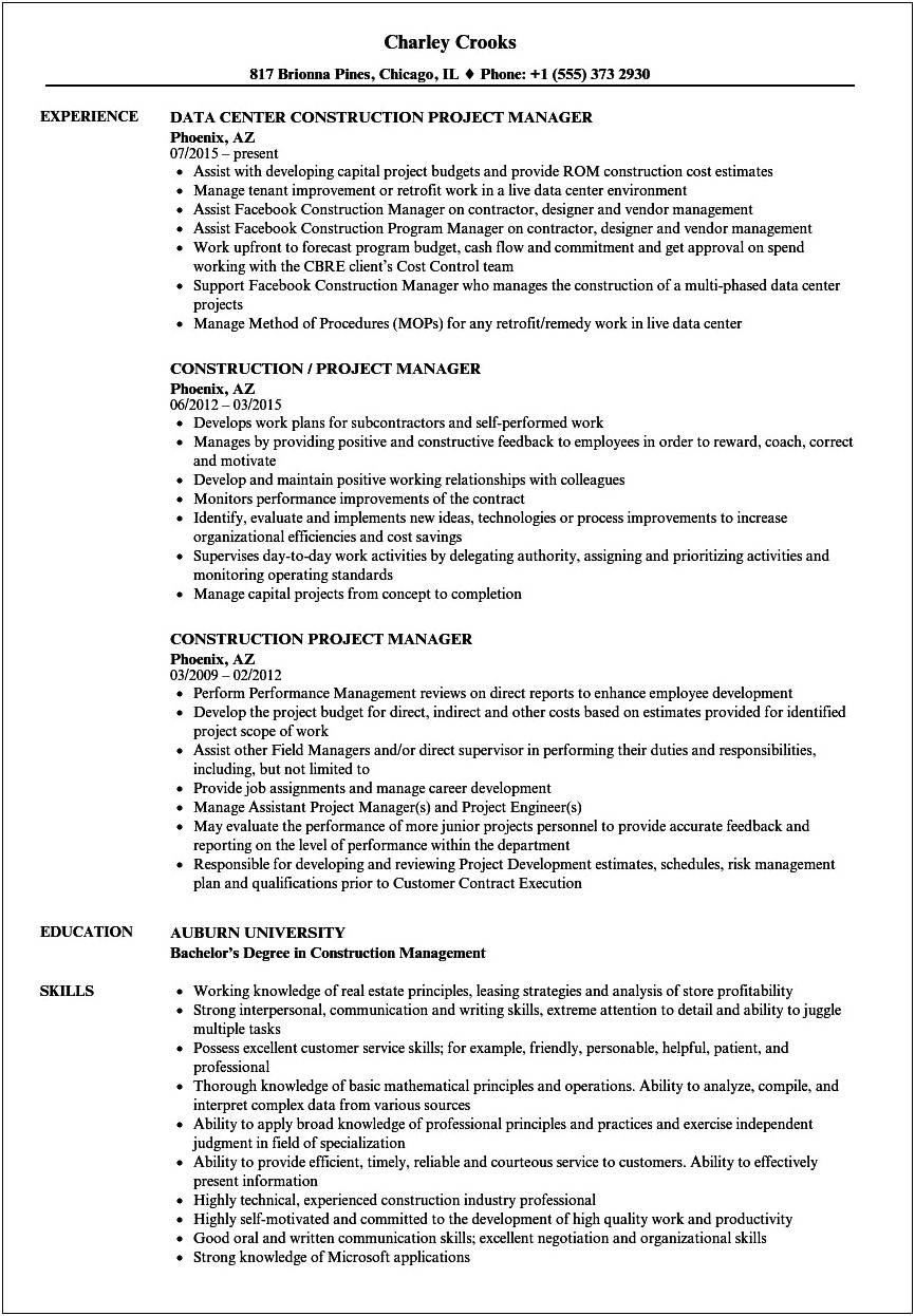 Construction Manager Resume Areas Of Expertise