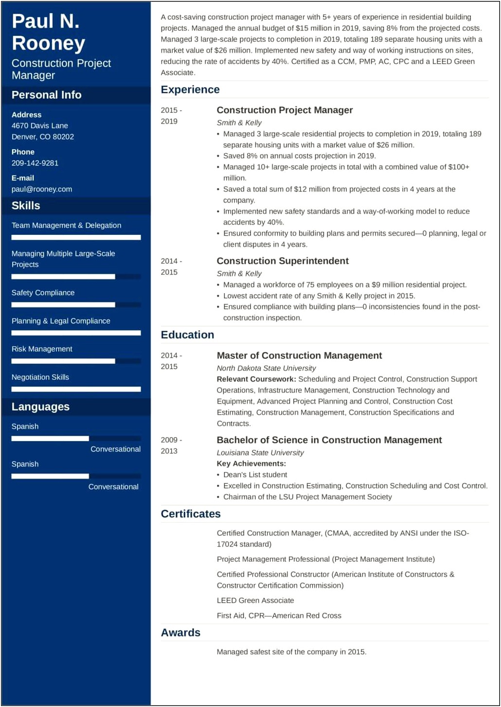Construction Project Management Job Description Resume