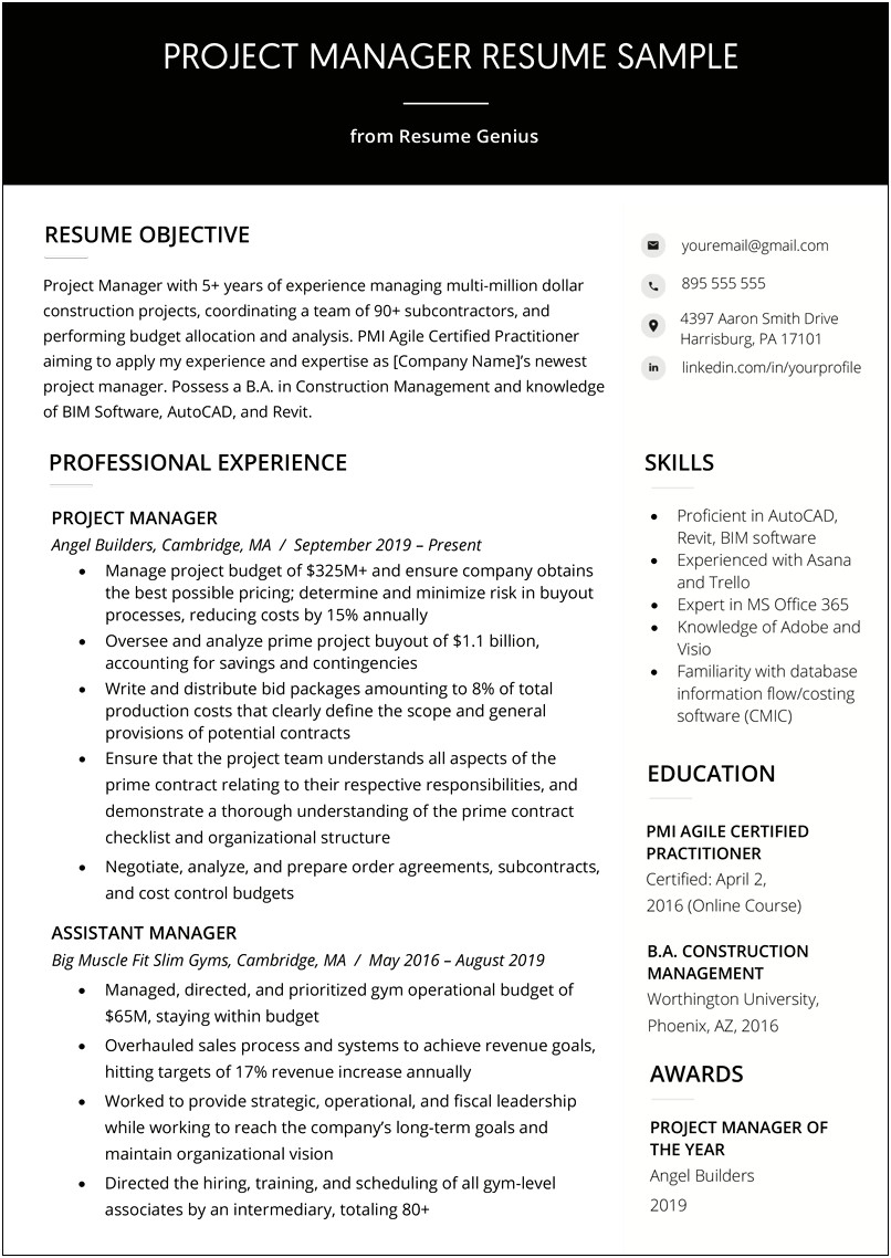 Construction Project Manager Job Duties For Resume