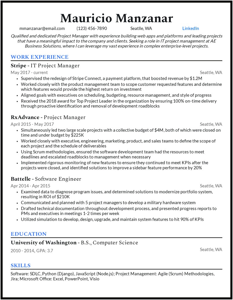 Construction Project Manager Job Resume Templates