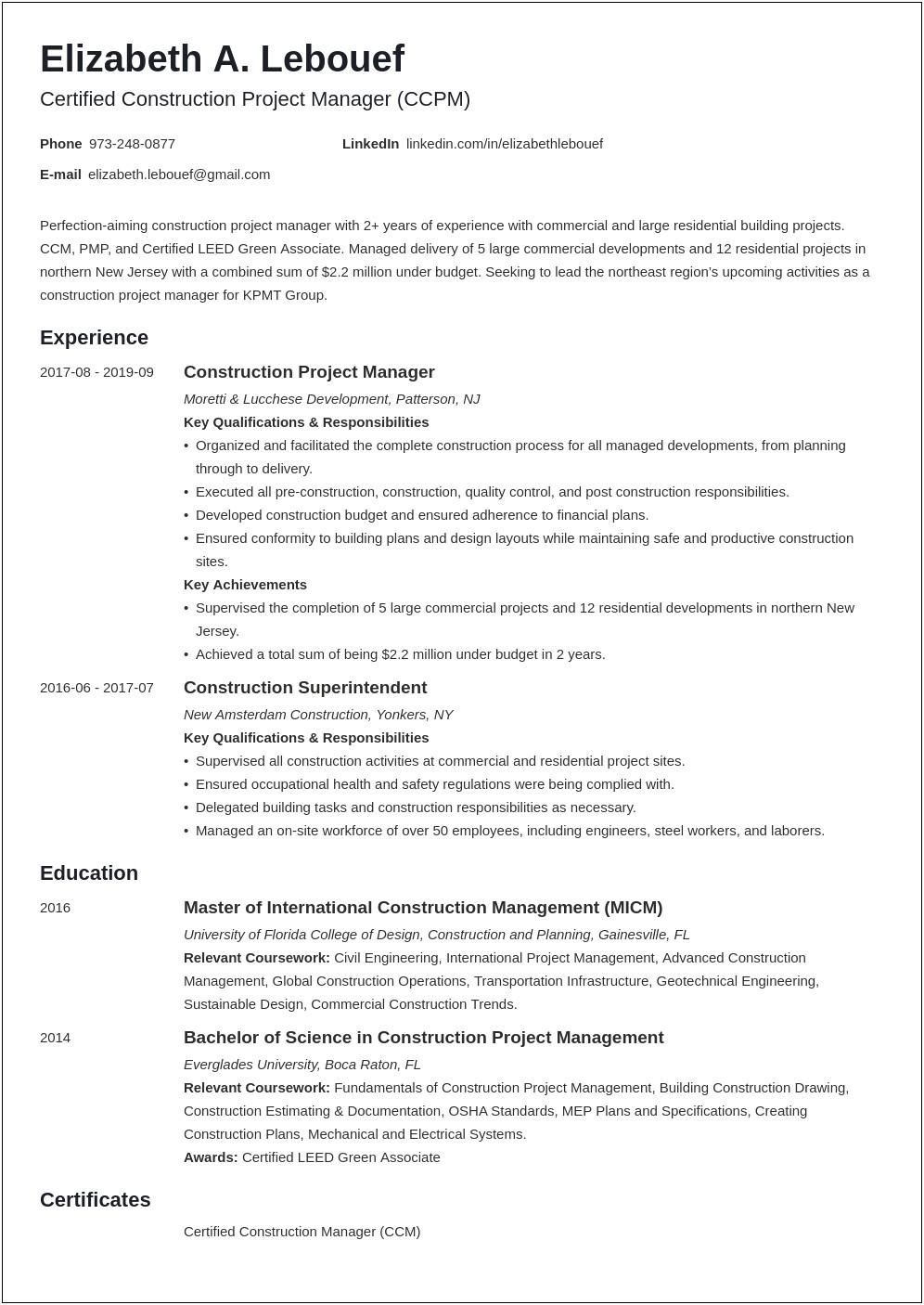 Construction Project Manager Resume Bullet Points