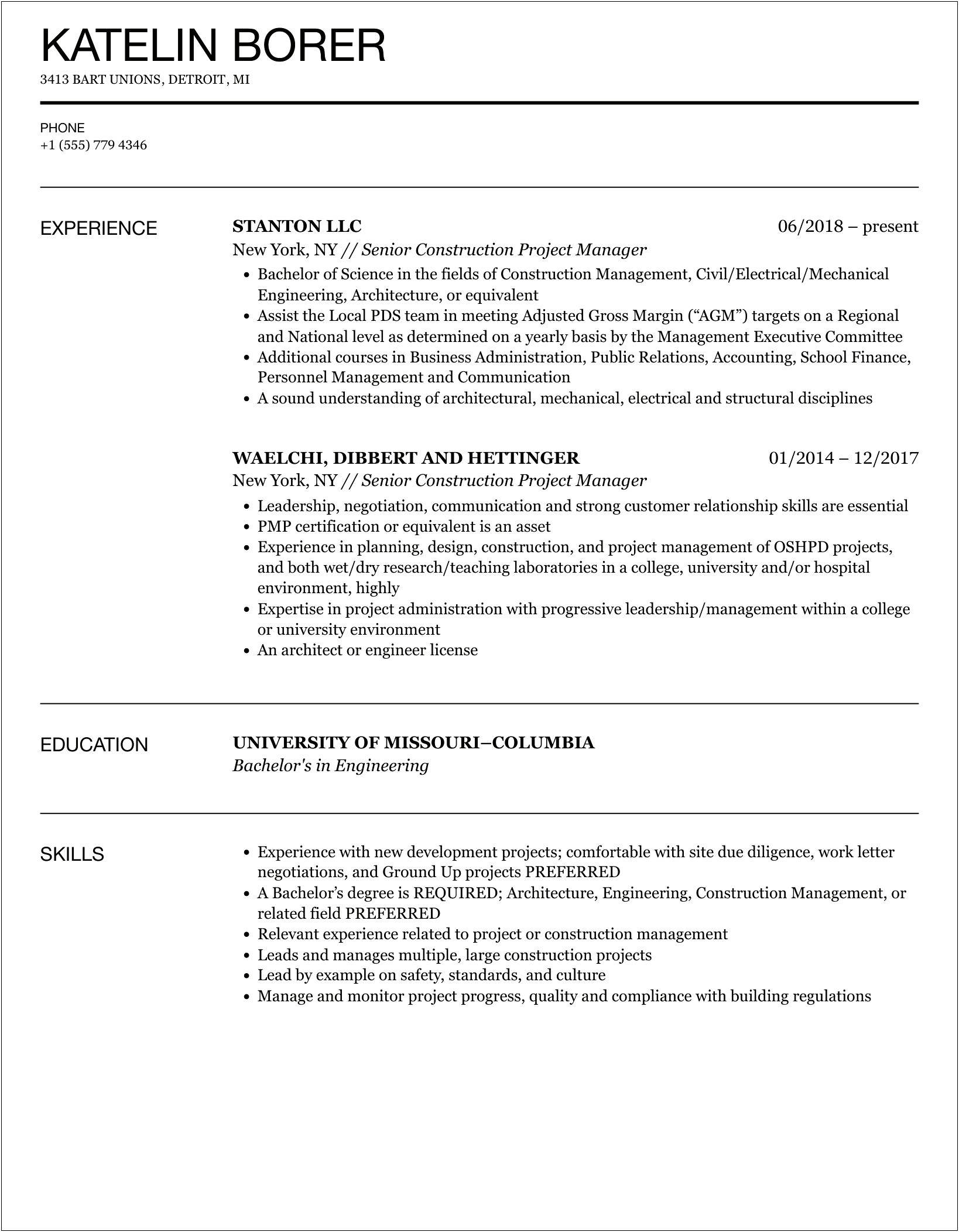 Construction Project Manager Resume Change Order