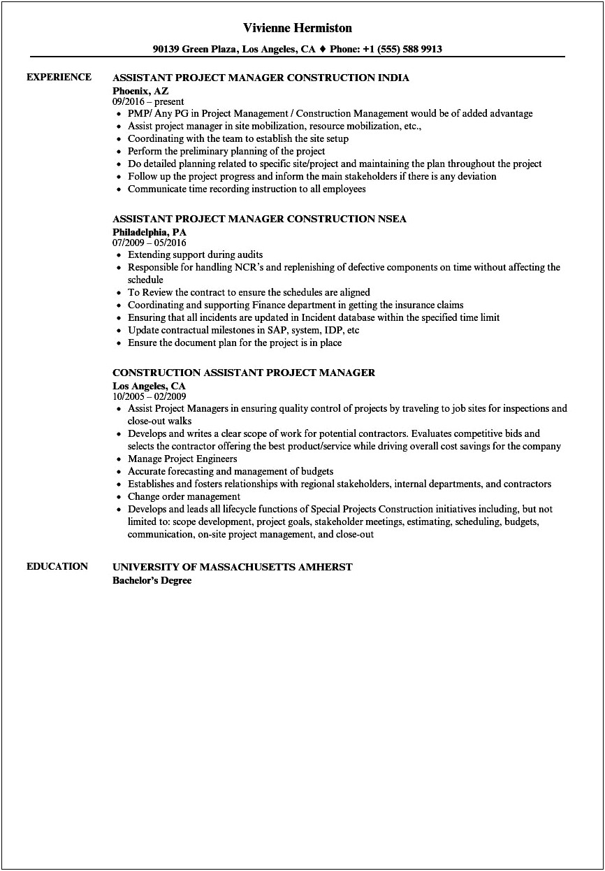 Construction Project Manager Resume Objective Statement