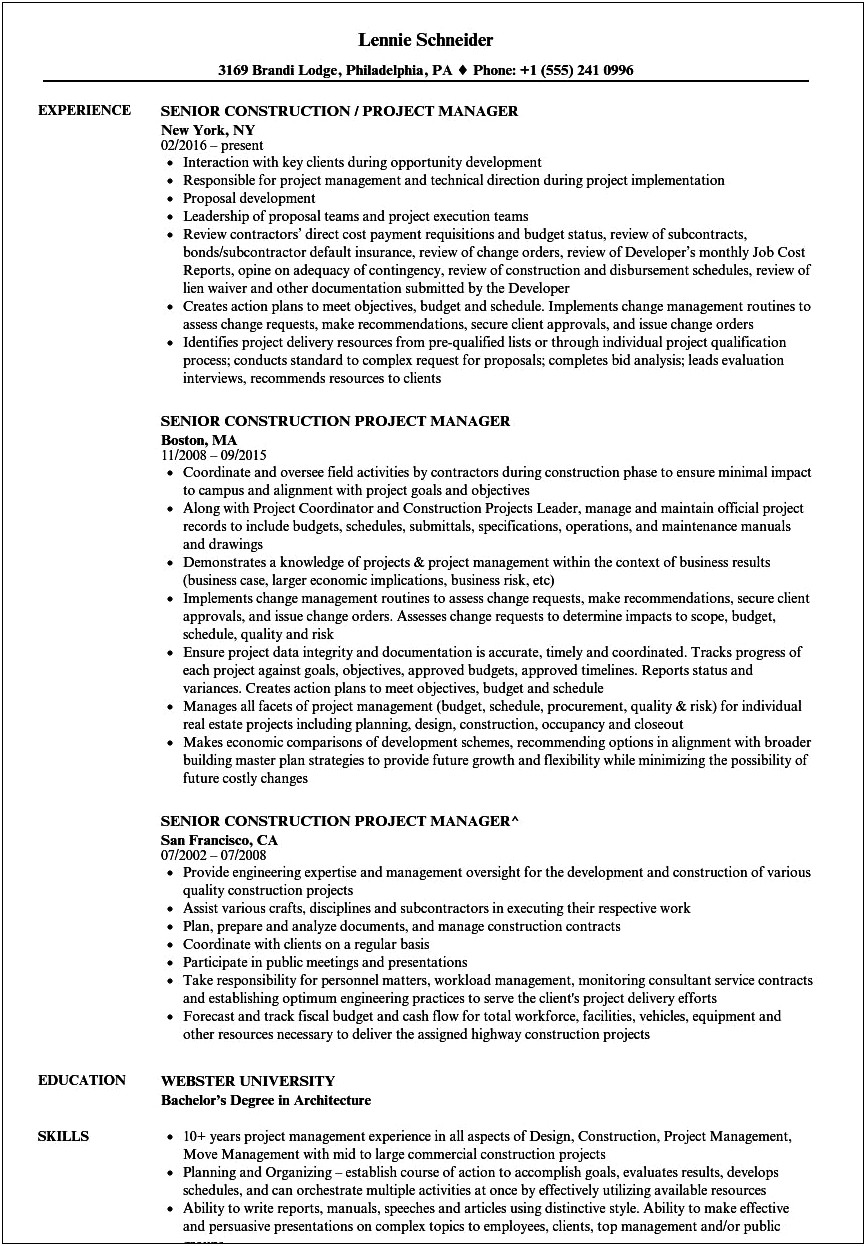 Construction Project Manager Resume Sample Pdf