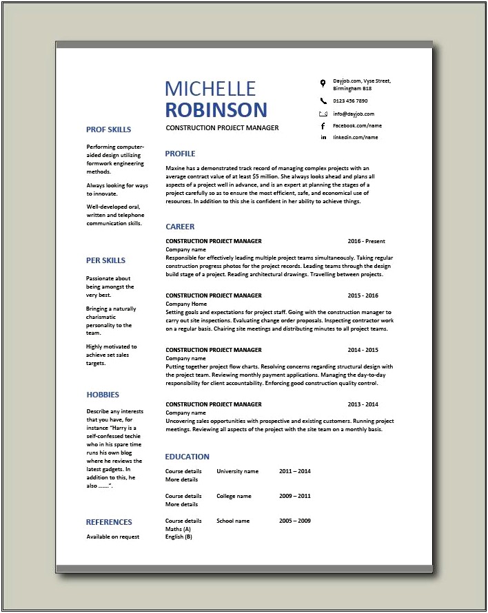 Construction Project Manager Resume Samples Free