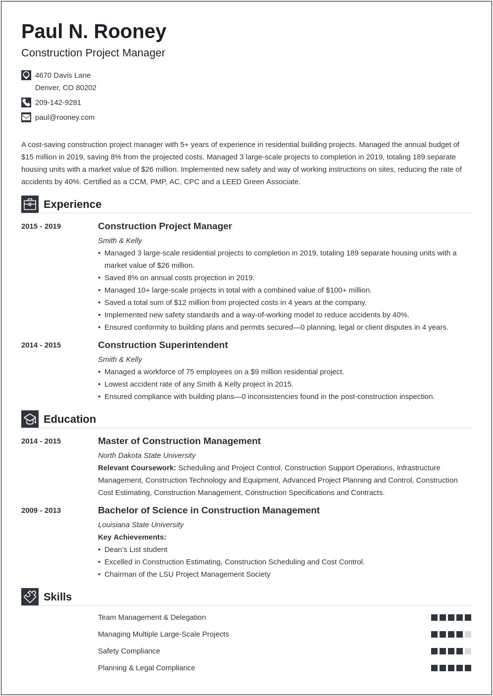 Construction Project Manager Resume Template Free