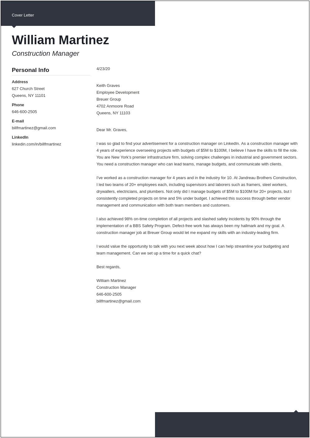 Construction Resume Cover Letter Template Free Download