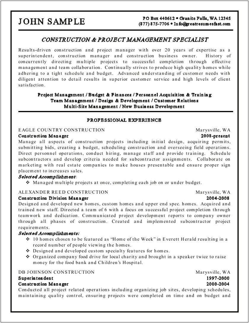Construction Superintendent Job Description For Resume