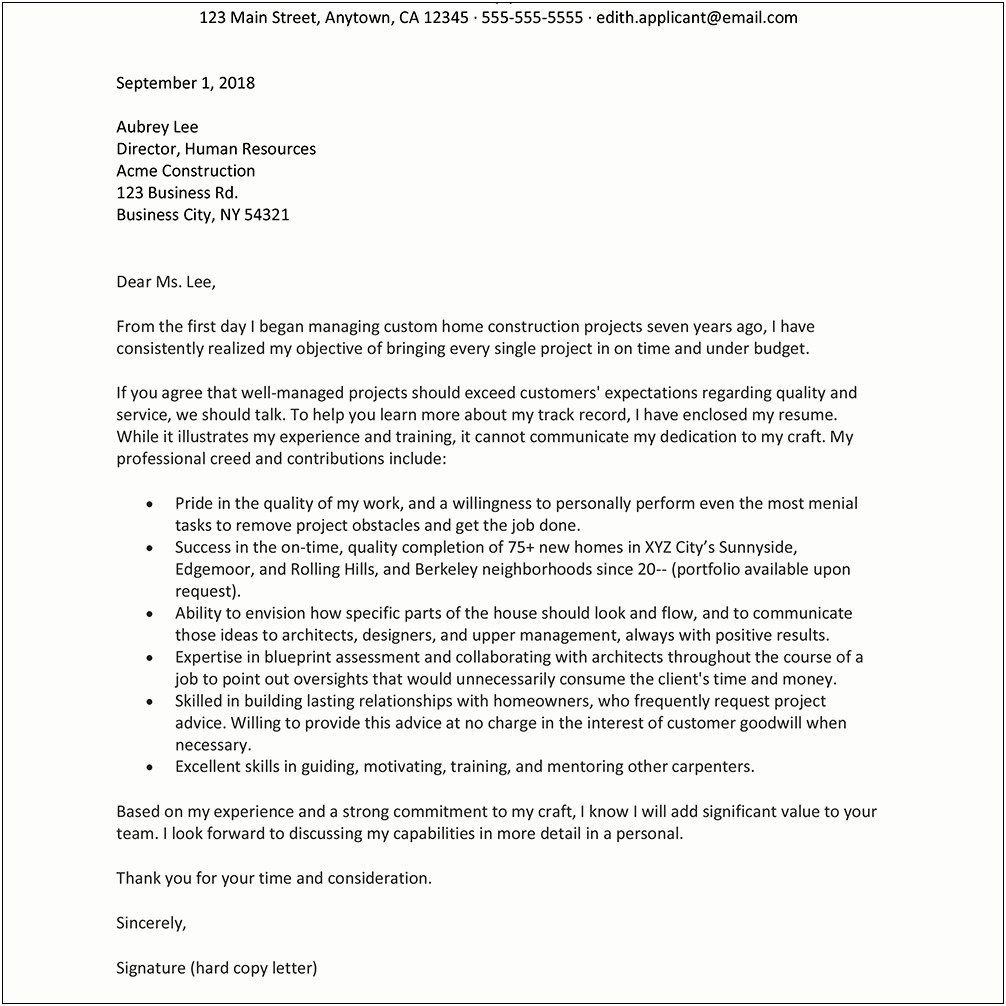 Construction Superintendent Resume Cover Letter Examples