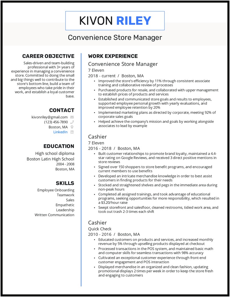 Convenience Store Assistant Manager Duties Resume