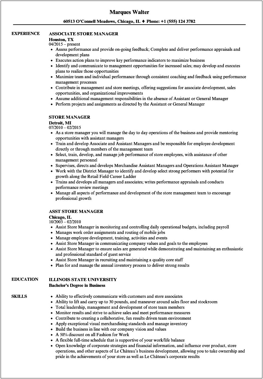 Convenience Store Assistant Manager Job Description For Resume