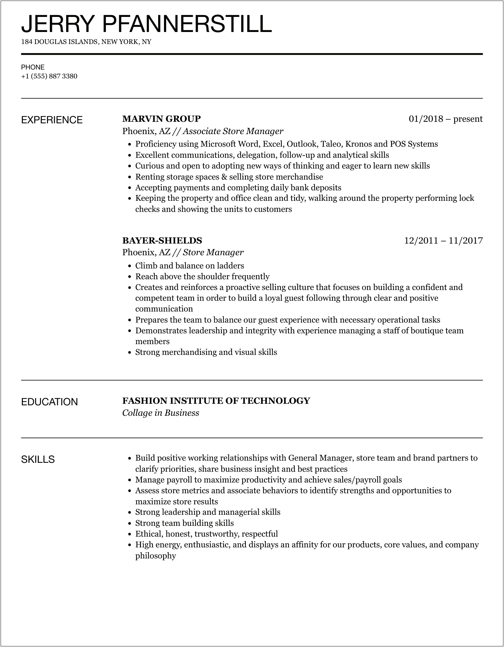 Convenience Store Assistant Manager Resume Sample