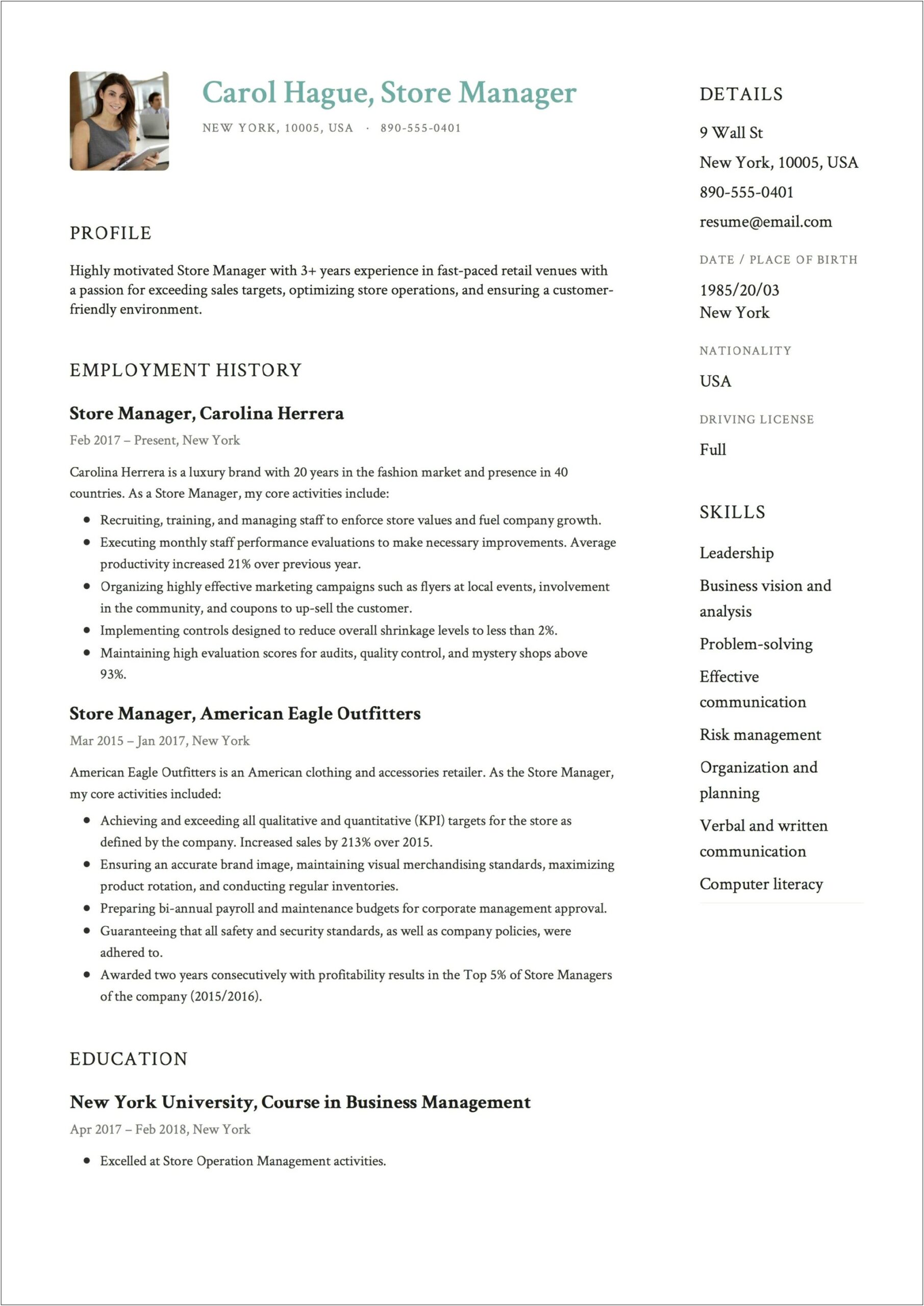 Convenience Store Manager Duties For Resume