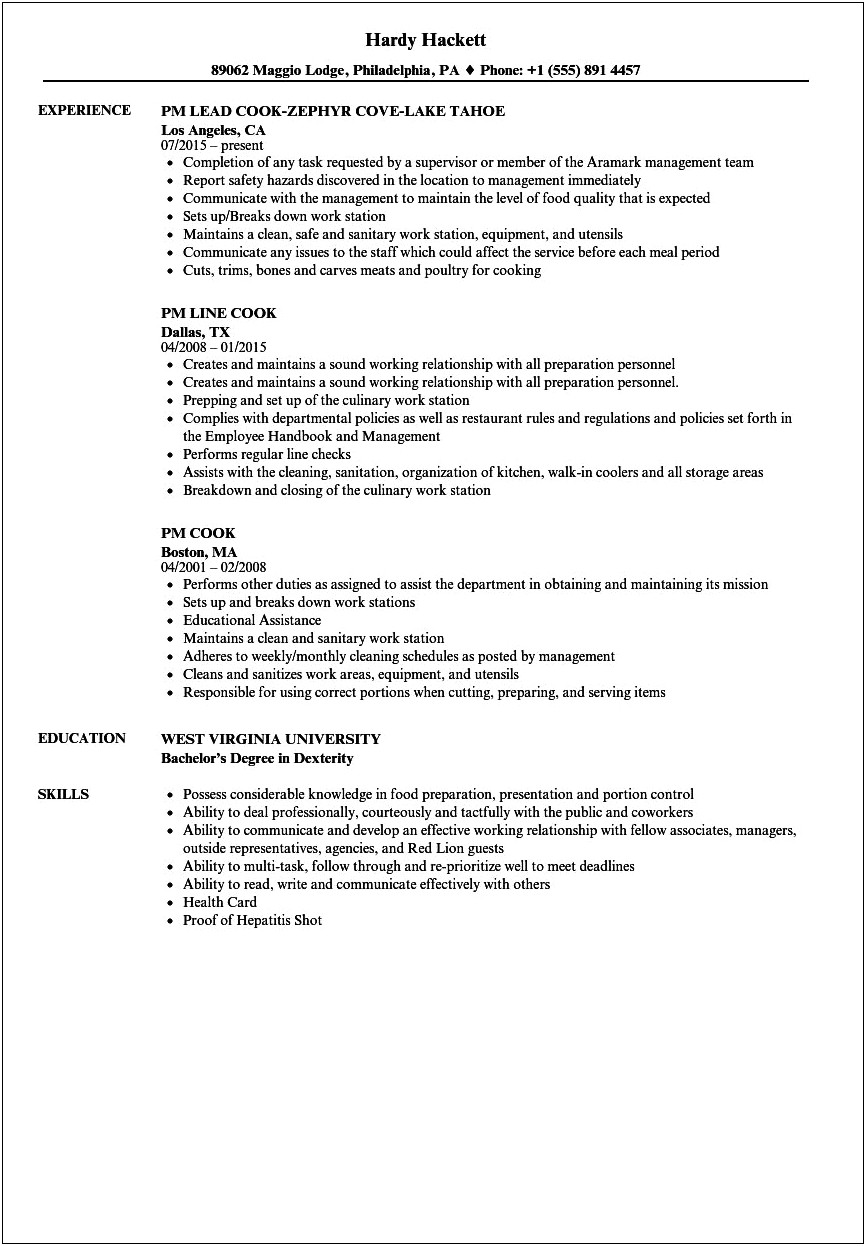 Cook Resume Looking For Job In Tavares Fl