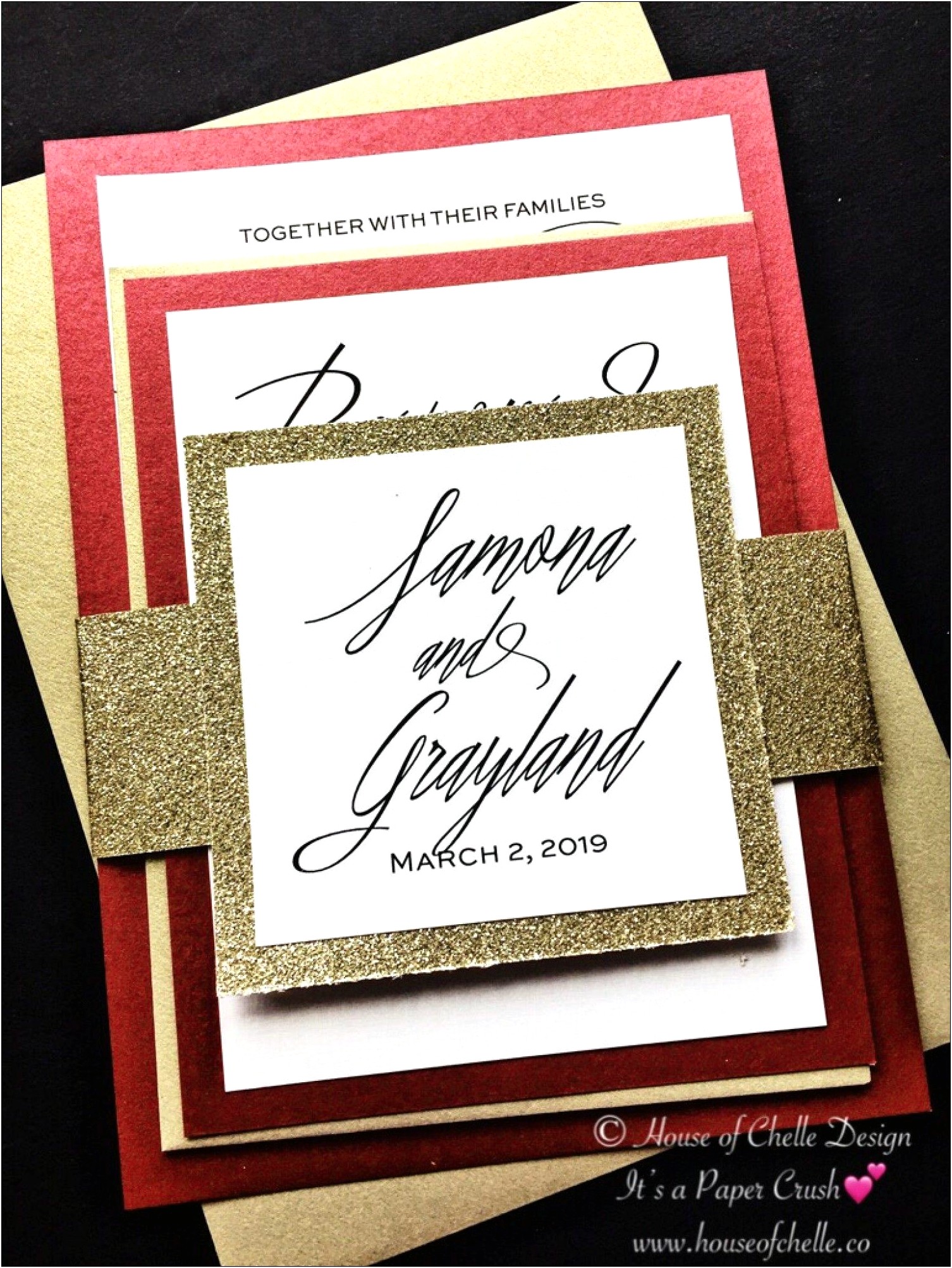 Coral And Gold Glitter Wedding Invitations