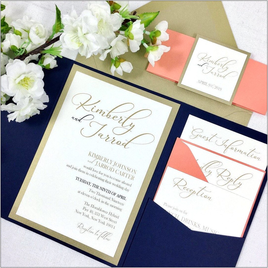 Coral And Navy Foil Wedding Invitation