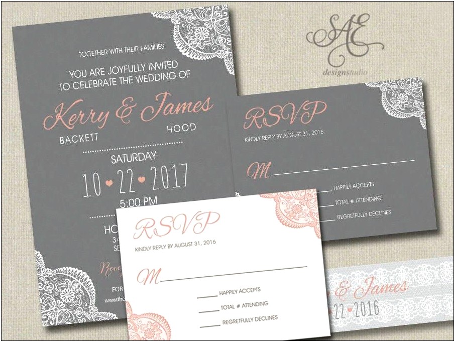 Coral Gray And Navy Rustic Wedding Invitations