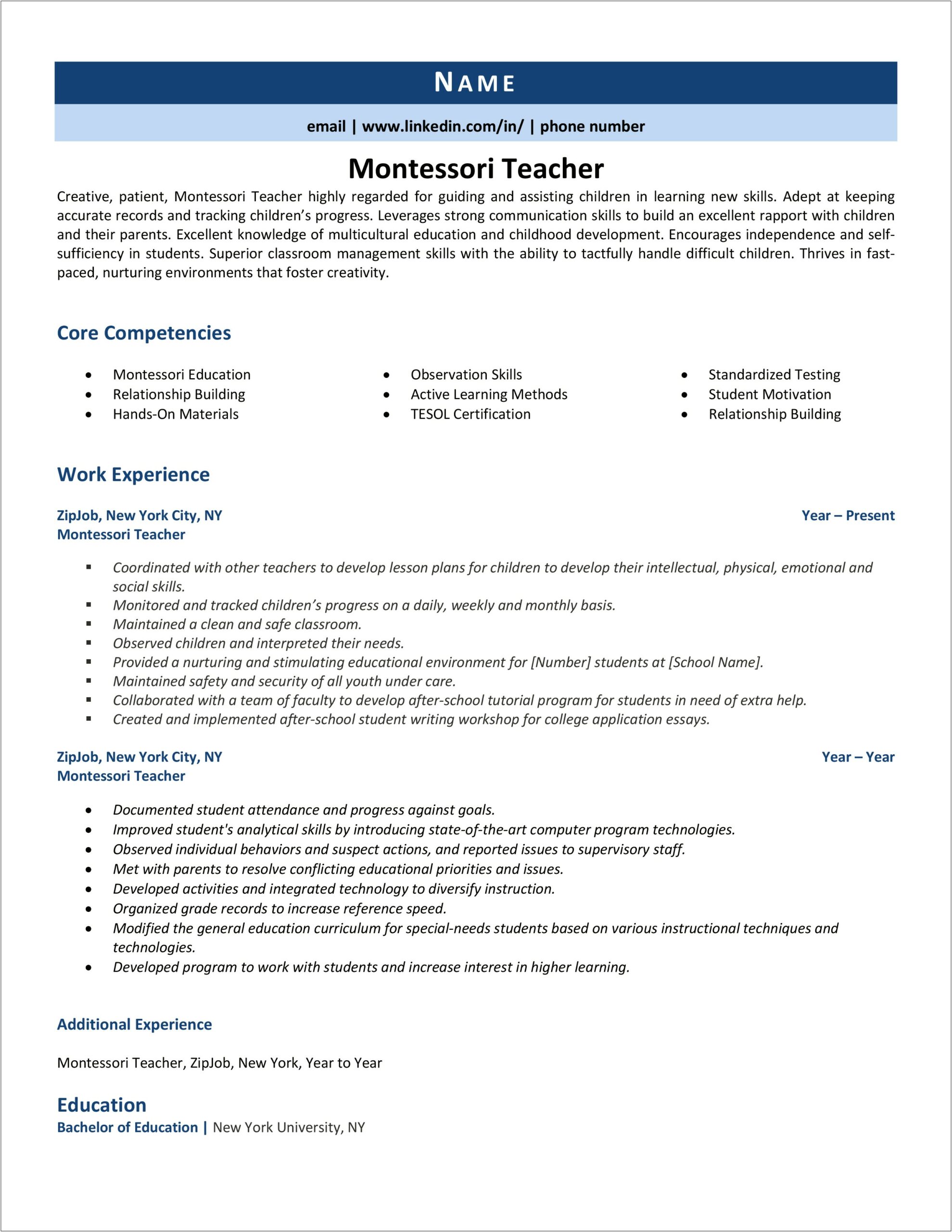 Core Competencies Resume Examples For Teachers