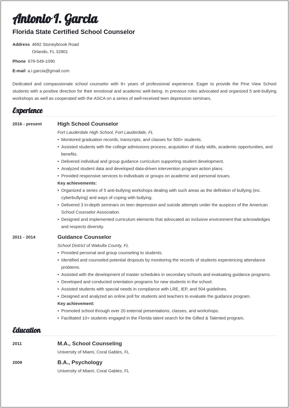 Counseling Approach In School Counselor Resume