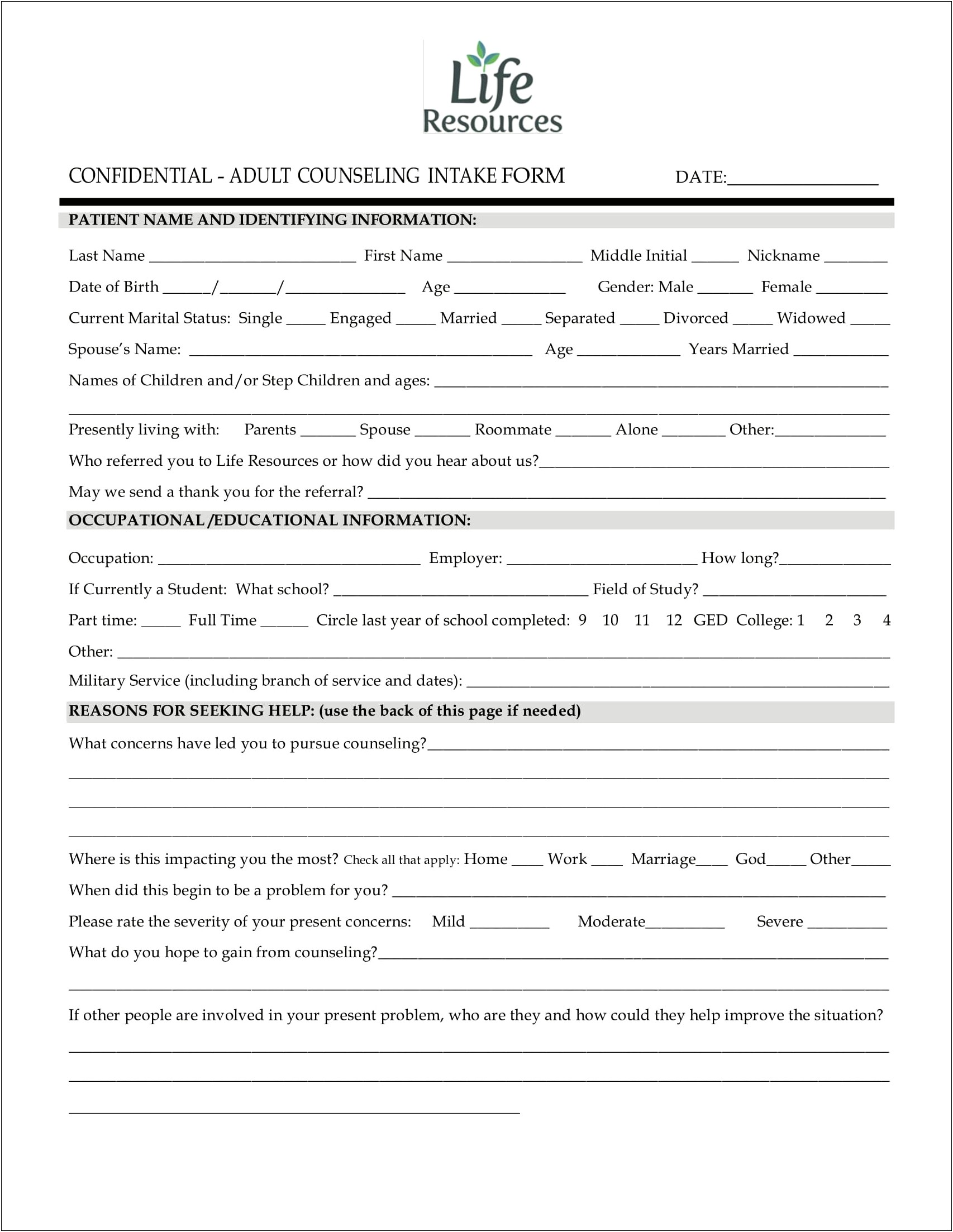 Couples Counseling Intake Form Template Download