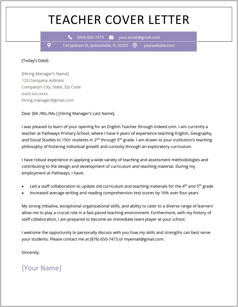 Cover Letter And Resume For Teaching Position