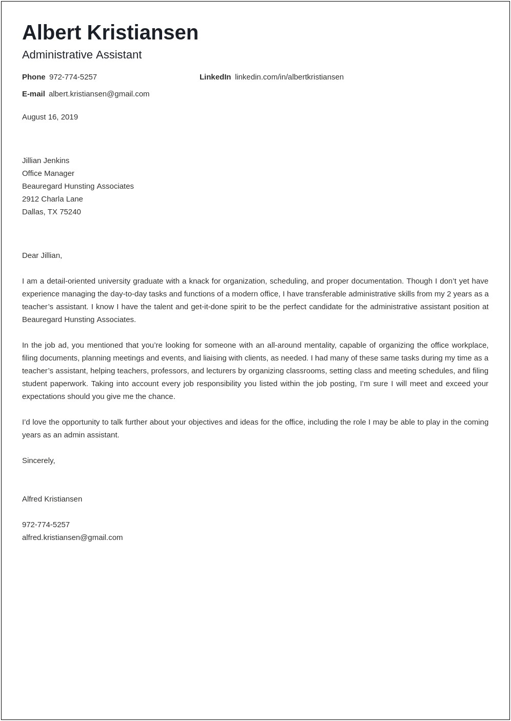 Cover Letter Example For Resume Executive Assistant