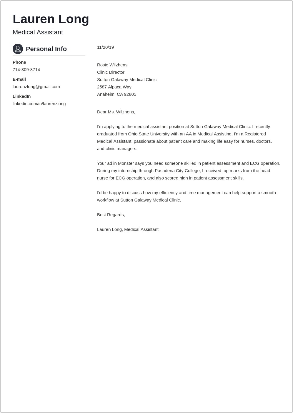 Cover Letter For A Medical Assistant Resume