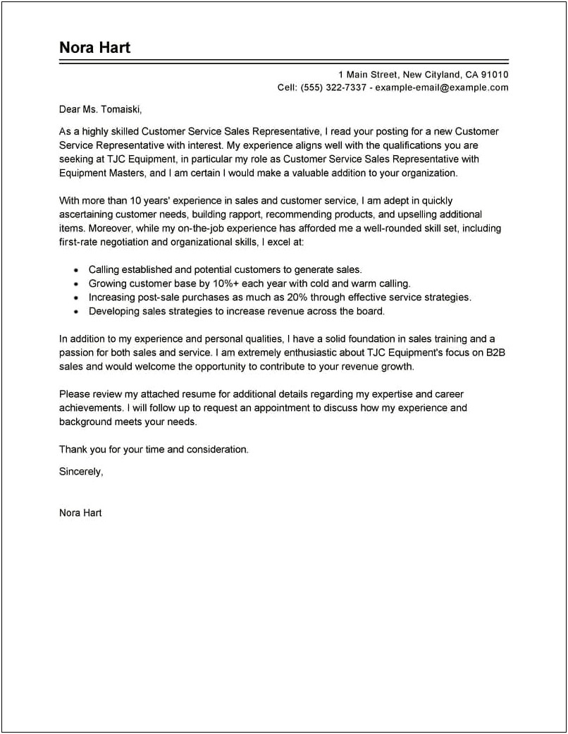 Cover Letter For Customer Service Representative Resume