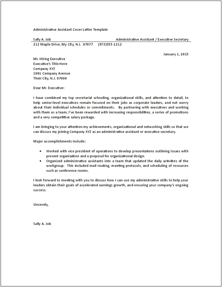 Cover Letter For Executive Secretary Resume