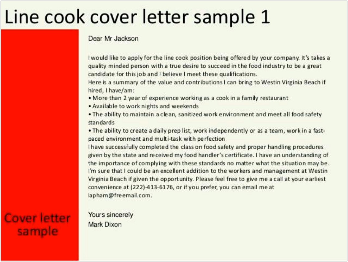 Cover Letter For Line Cook Resume