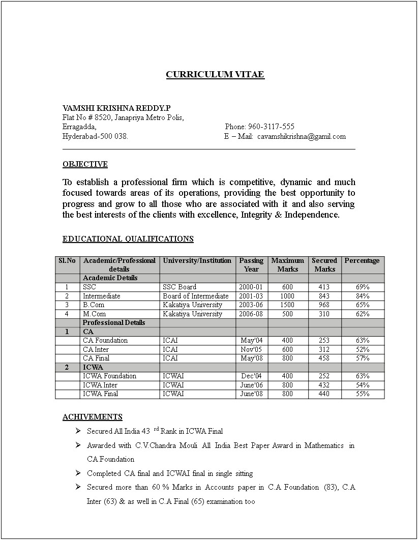 Cover Letter For Resume Chartered Accountant