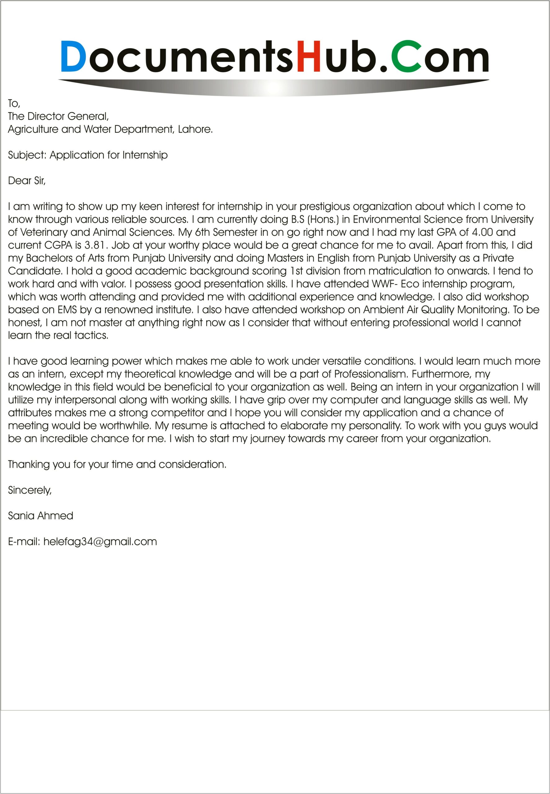 Cover Letter For Resume Internship Agricultture
