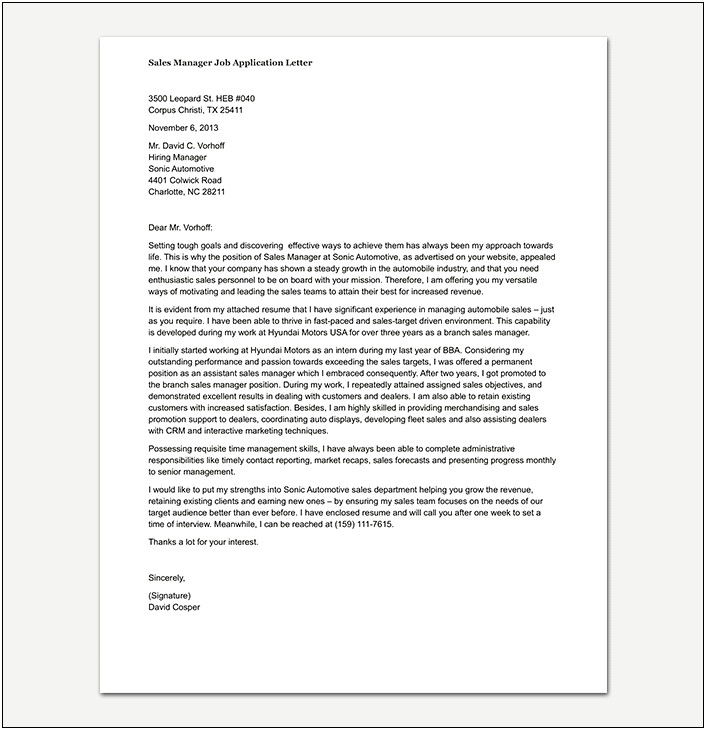 Cover Letter For Resume Sales Manager