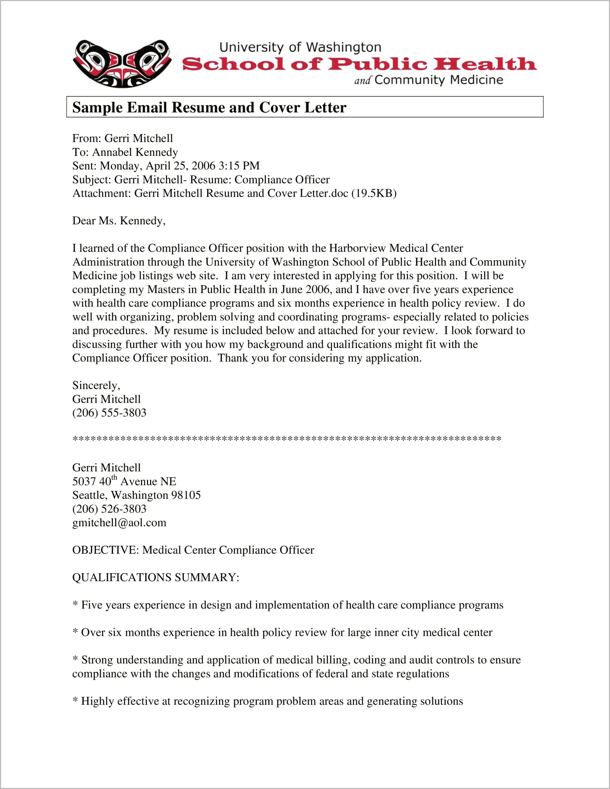 Cover Letter For Sending Resume By Email