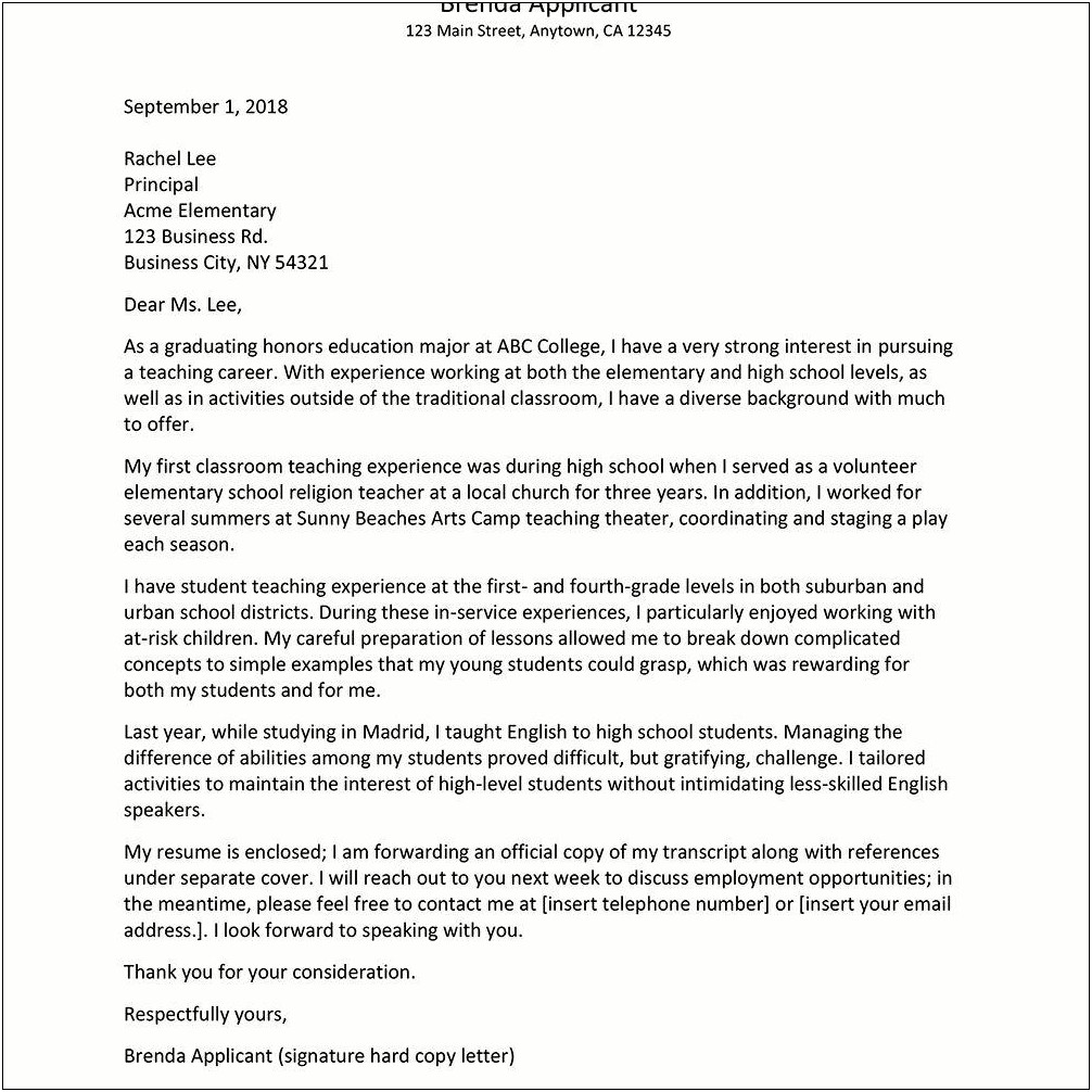 Cover Letter For Student Teaching Resume