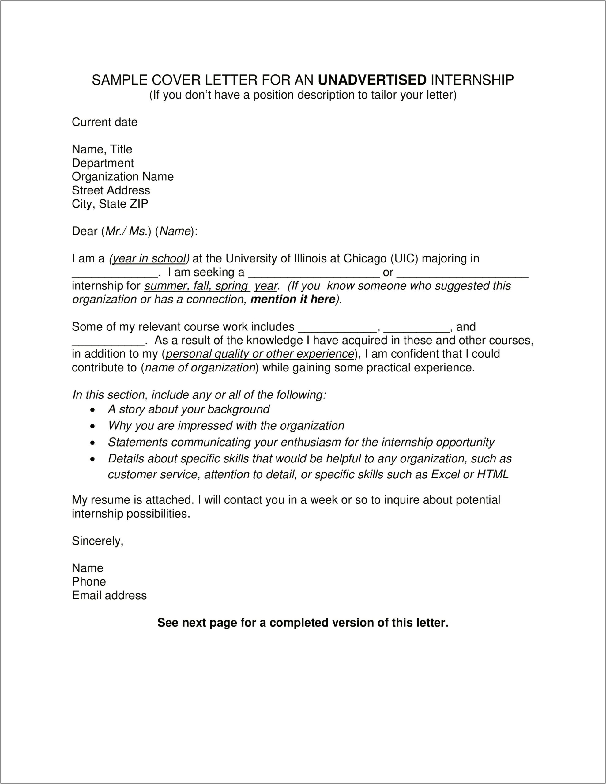 Cover Letter Of Resume For Internship