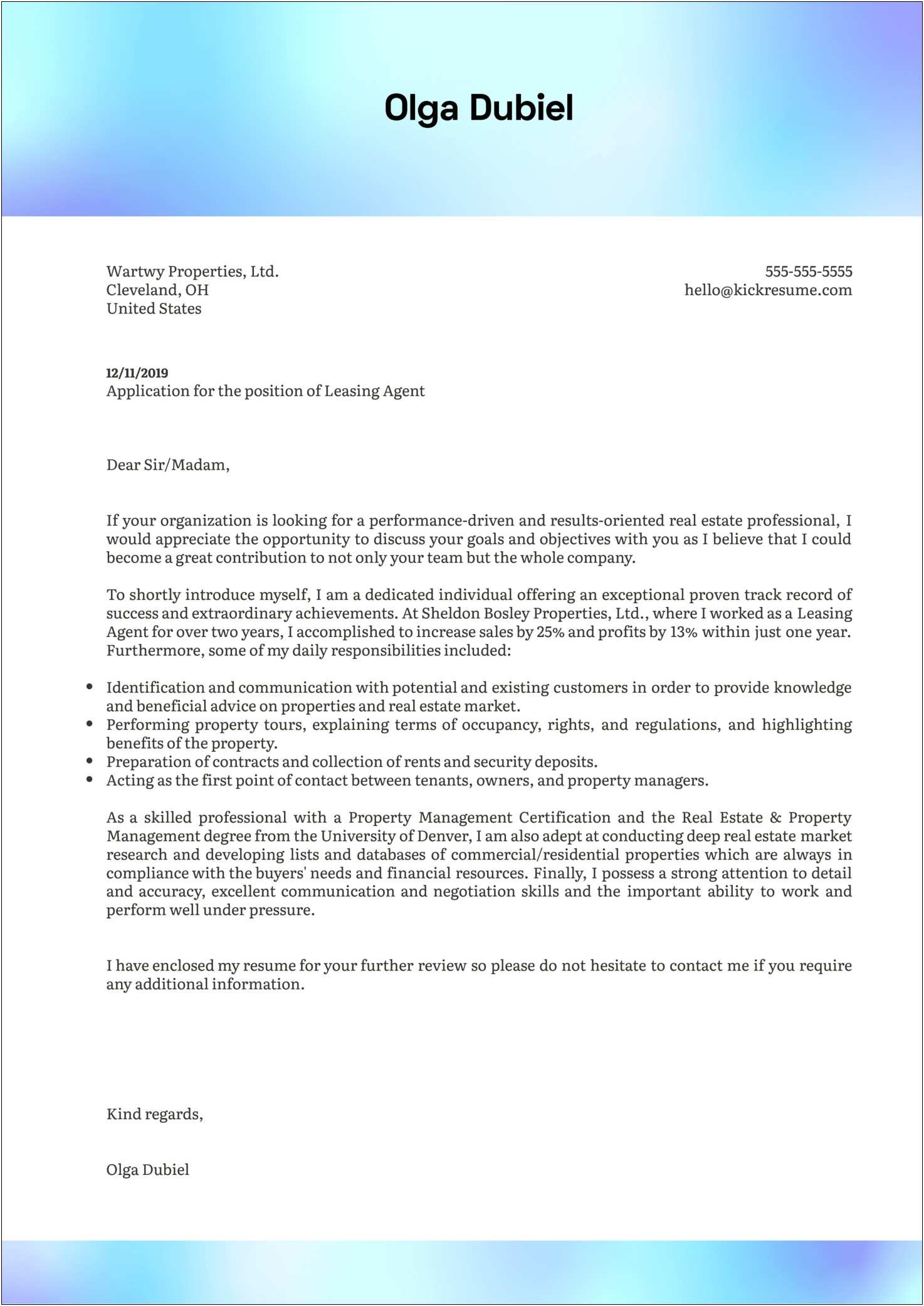 Cover Letter Sample For Resume Commercial Property Manager