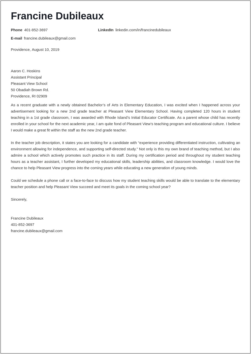 Cover Letter Sample For Teacher Resume