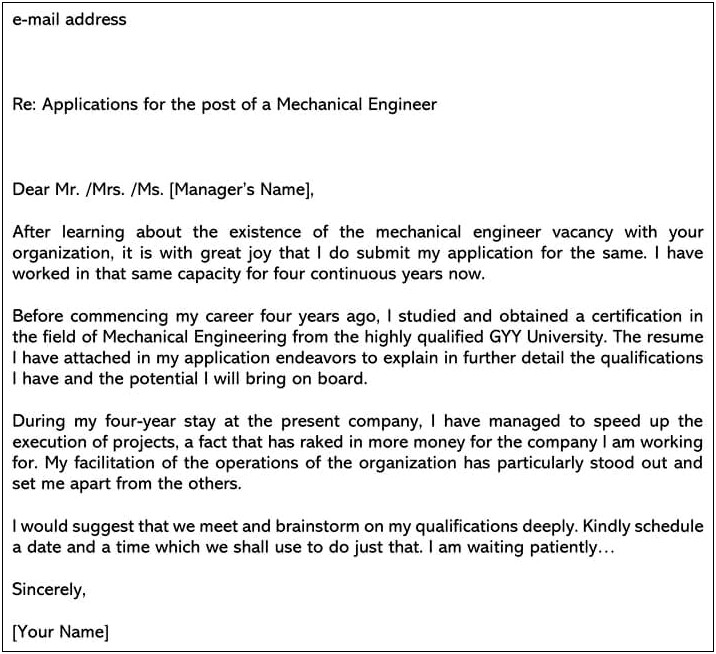 Covering Letter Format For Resume For Mechanical Engineer