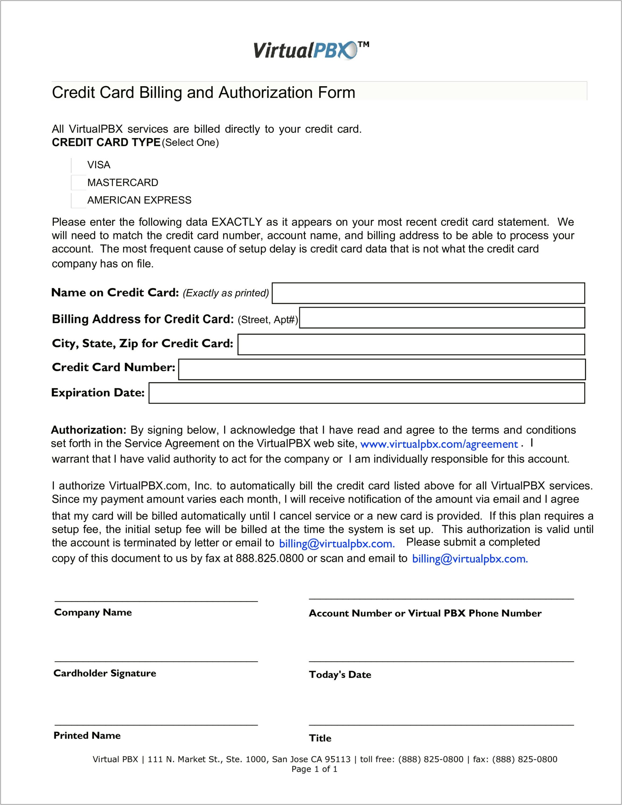 Credit Card Authorization Form Template Download