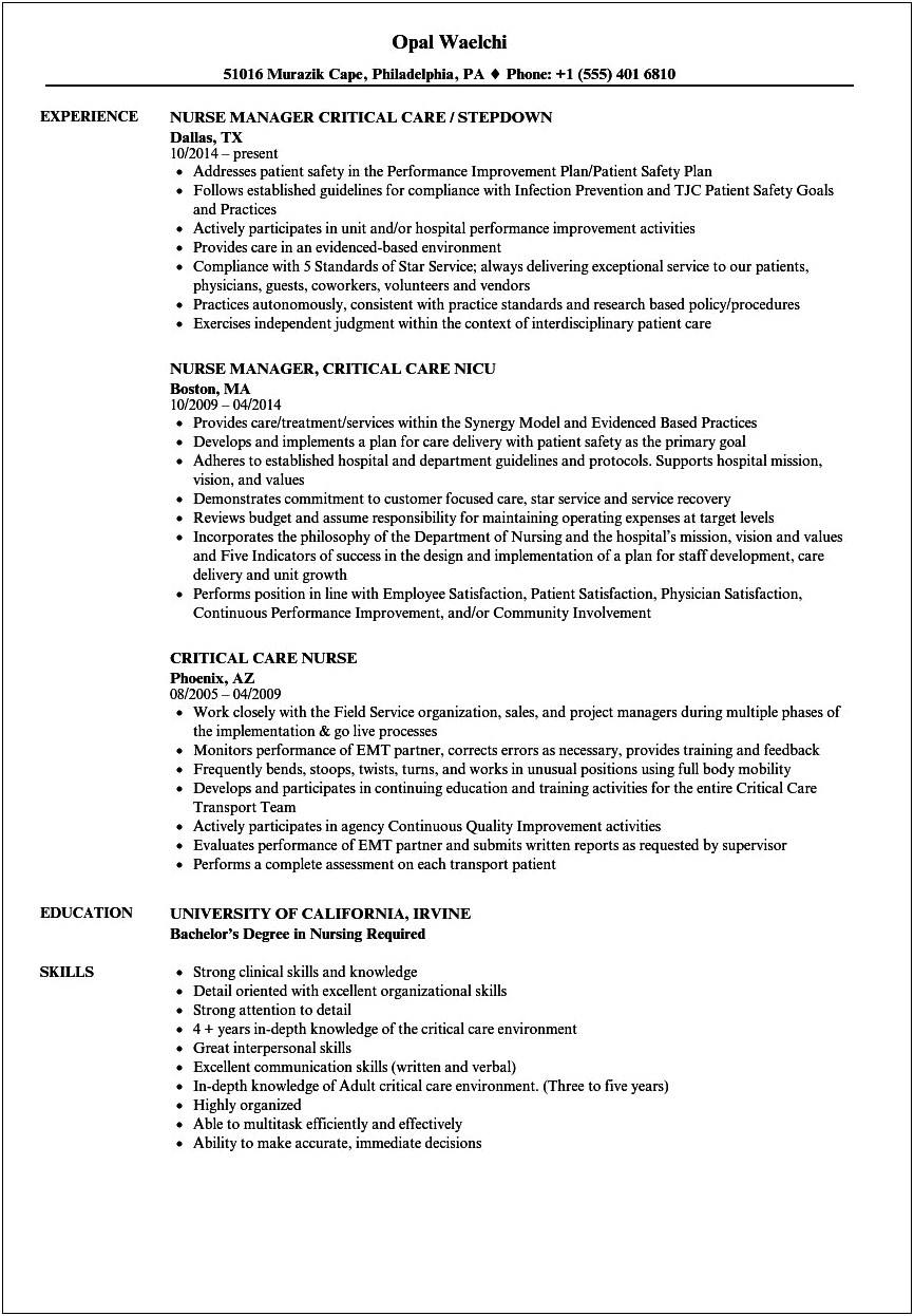 Critical Care Nurse Job Description Resume