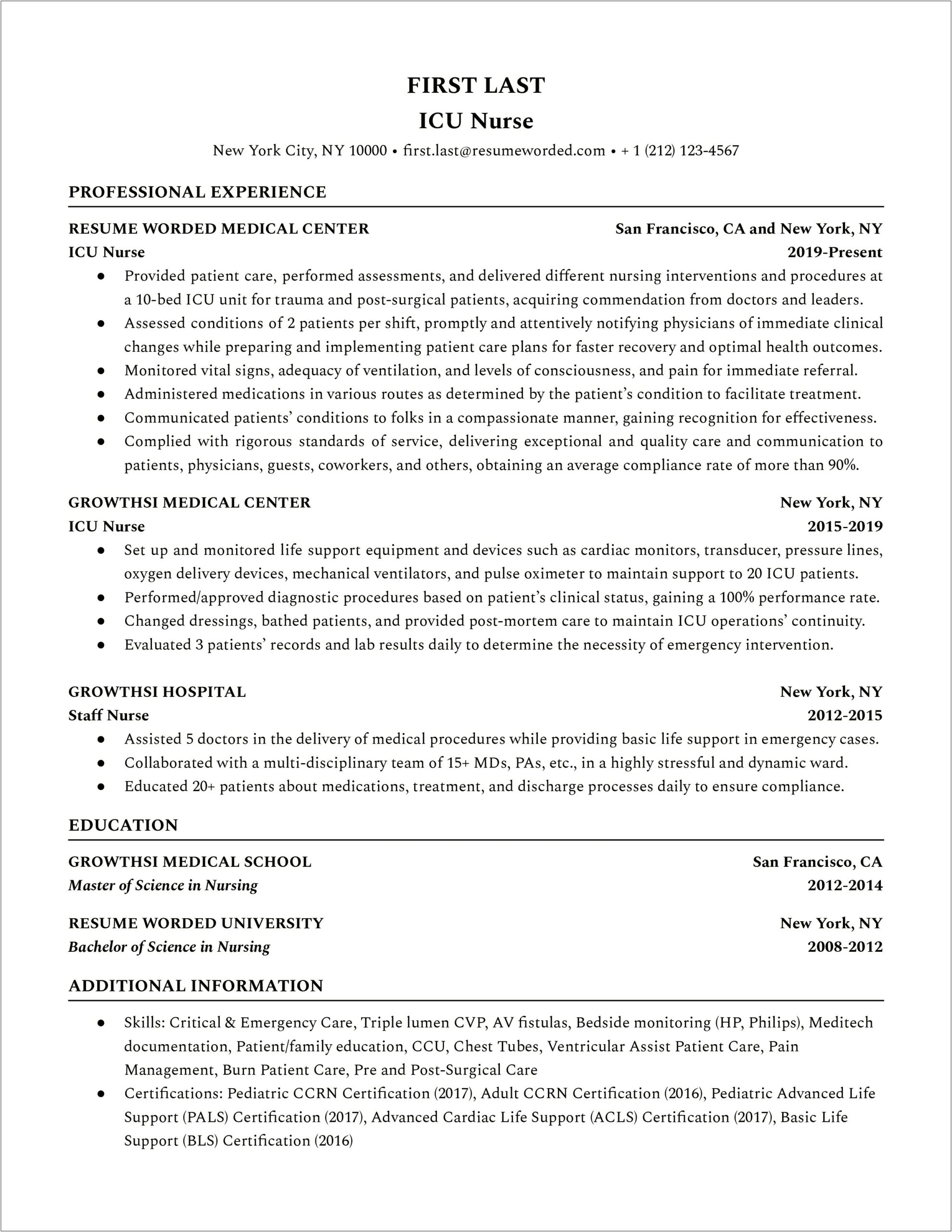 Critical Care Registered Nurse Job Description For Resume