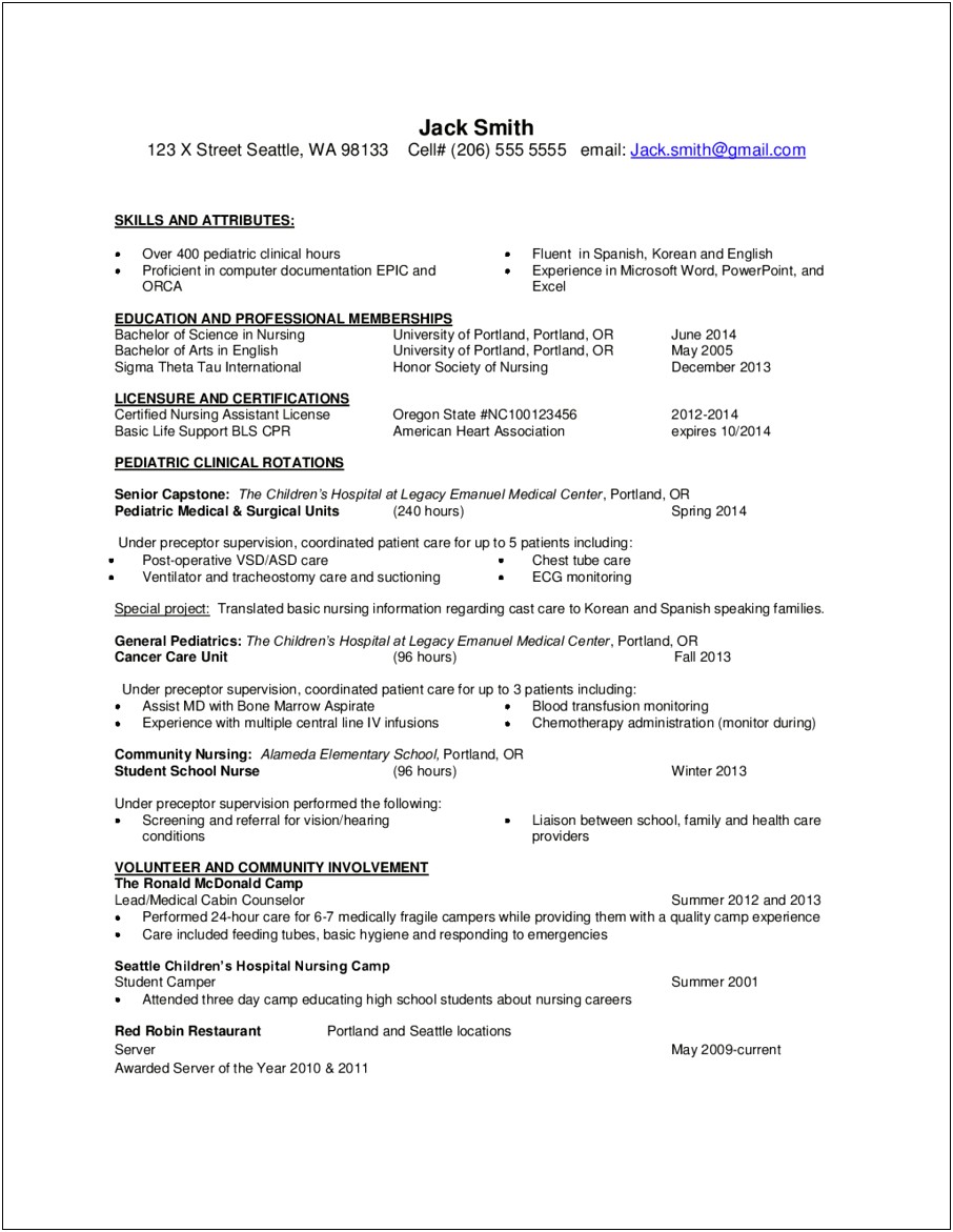 Current Nursing Student Resume With No Experience
