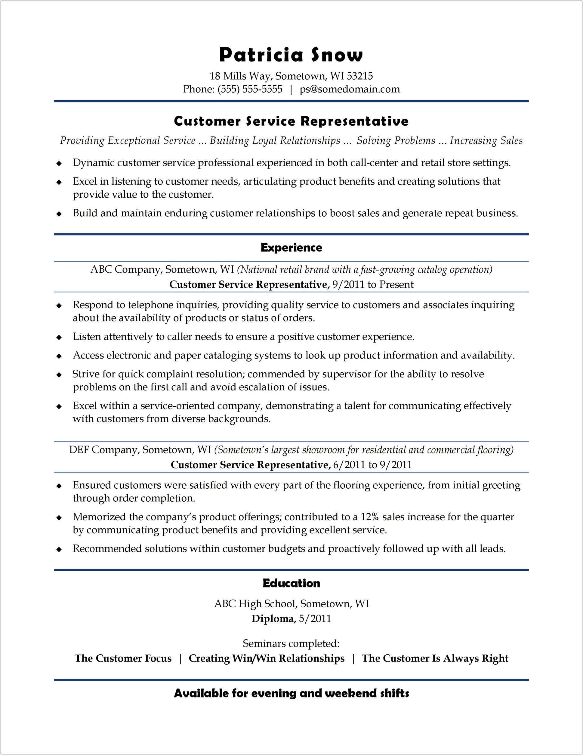 Customer Experience Representative Entry Level Resume