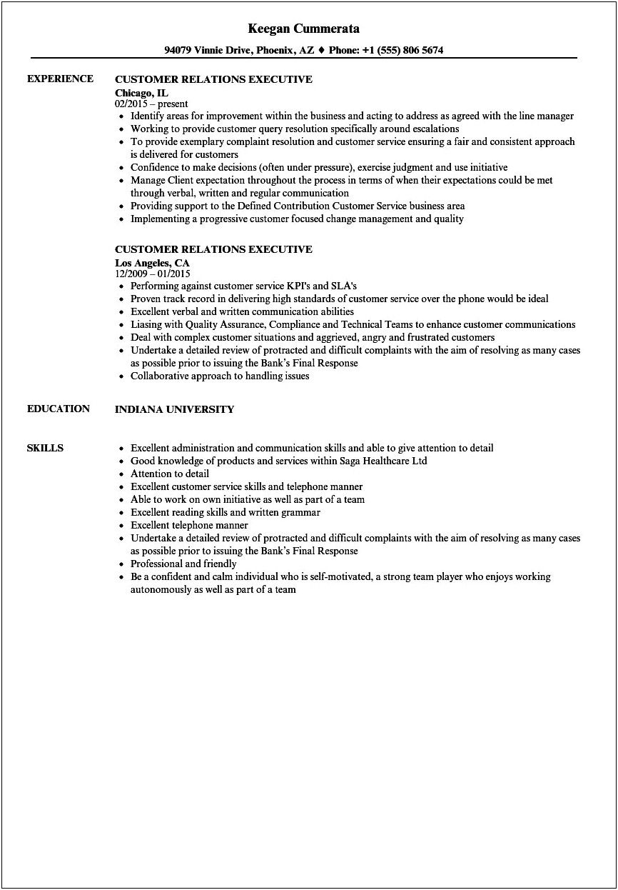 Customer Relations Job Description For Resume