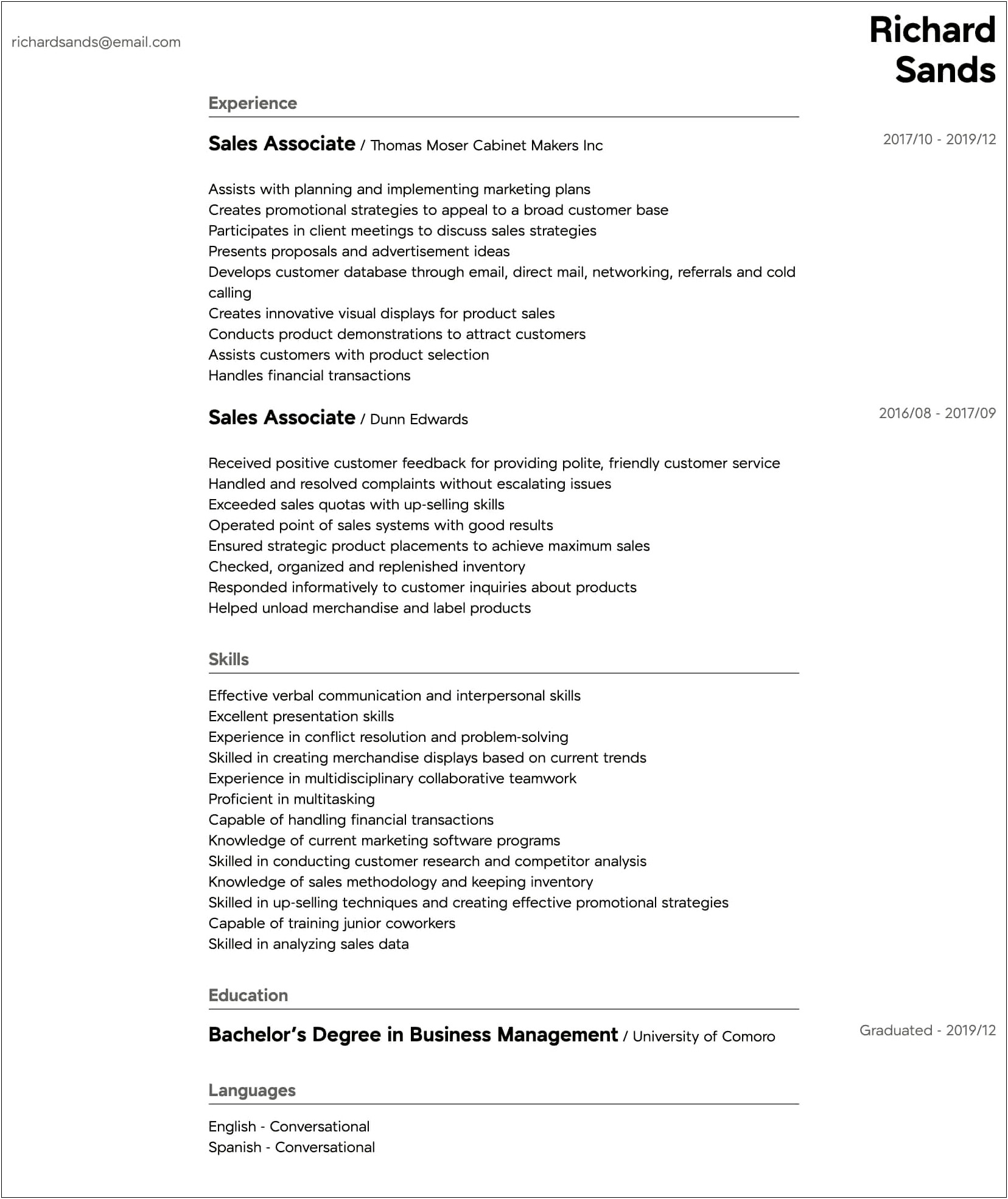 Customer Service And Sales Experience Resume