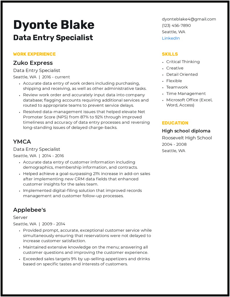 Customer Service Data Entry Sales Sample Resume