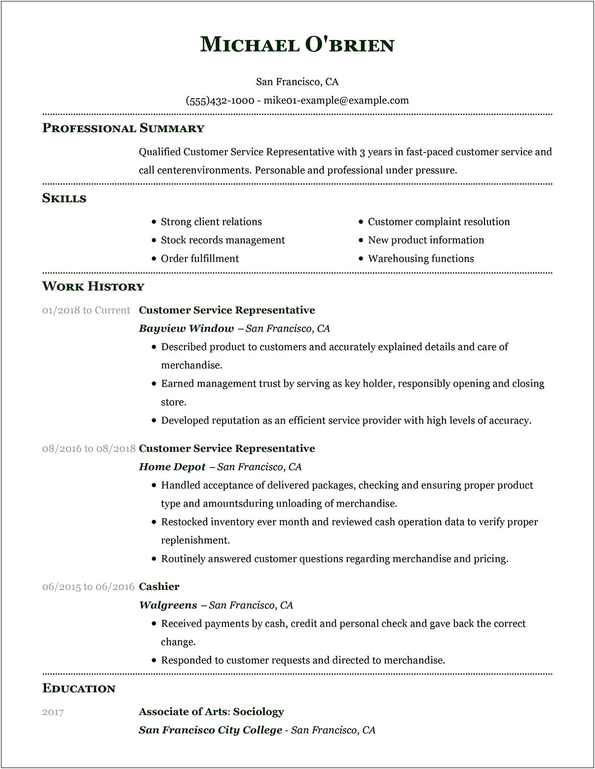 Customer Service Description For A Resume