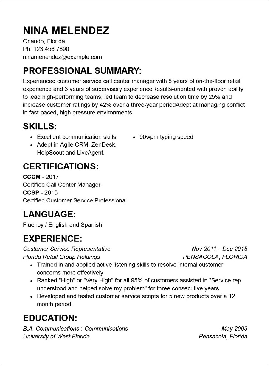 Customer Service Experience On A Resume