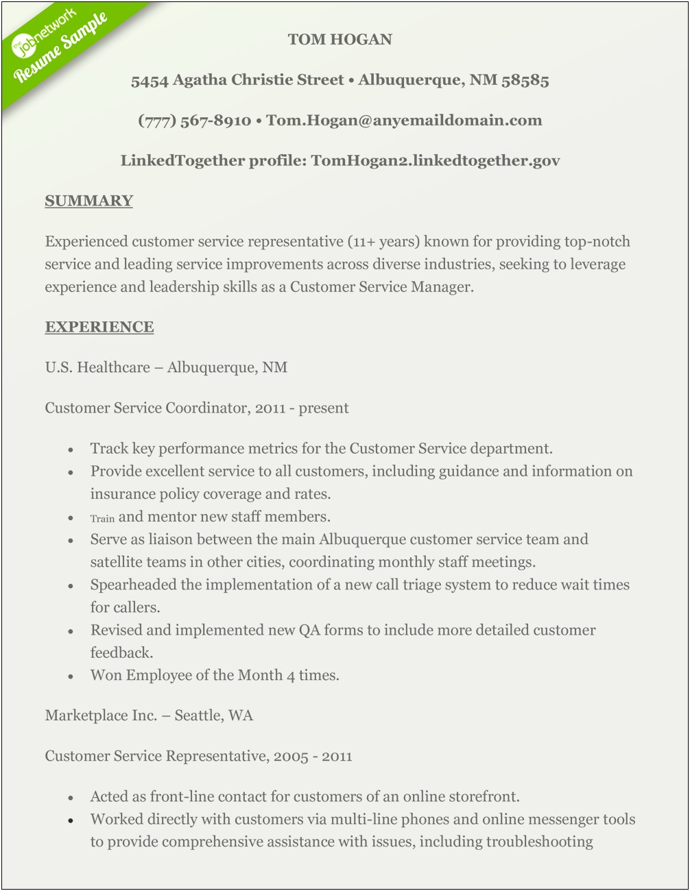 Customer Service Job Summary For Resume